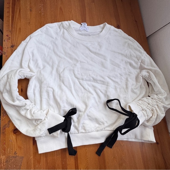 For The Republic Tops - For the Republic White Sweatshirt with Black Ribbon Accents size large